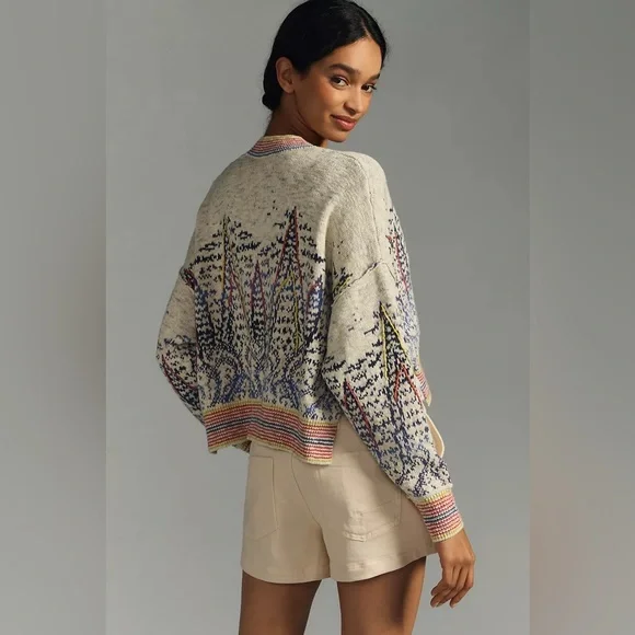 Anthropologie Pilcro Embroidered Cropped Cardigan Sweater Stripe Trim Size XL - Picture 2 of 10